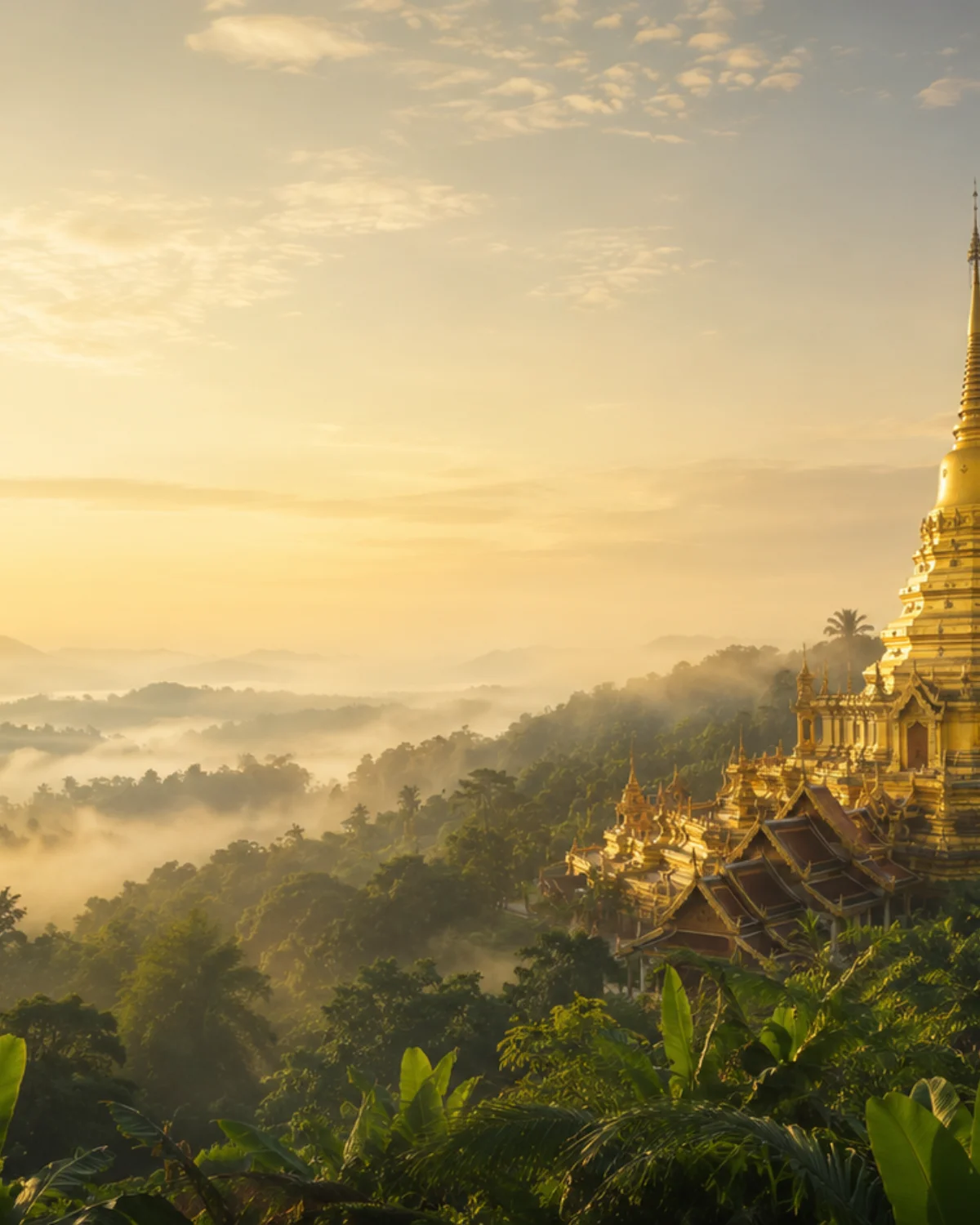 Thailandia: tempio dorato nella vegetazione tropicale