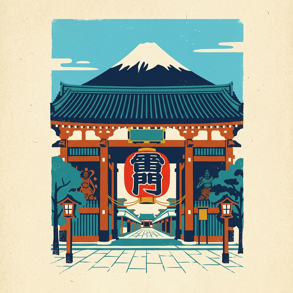 Poster illustrato del giorno 2: il portale Kaminarimon di Asakusa con la grande lanterna rossa e il Monte Fuji sullo sfondo